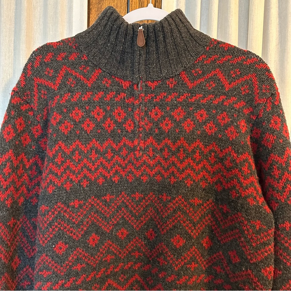 J. Crew Gray Red Fair Isle Lambswool 1/4 Zip Pullover Sweater - Picture 5 of 14